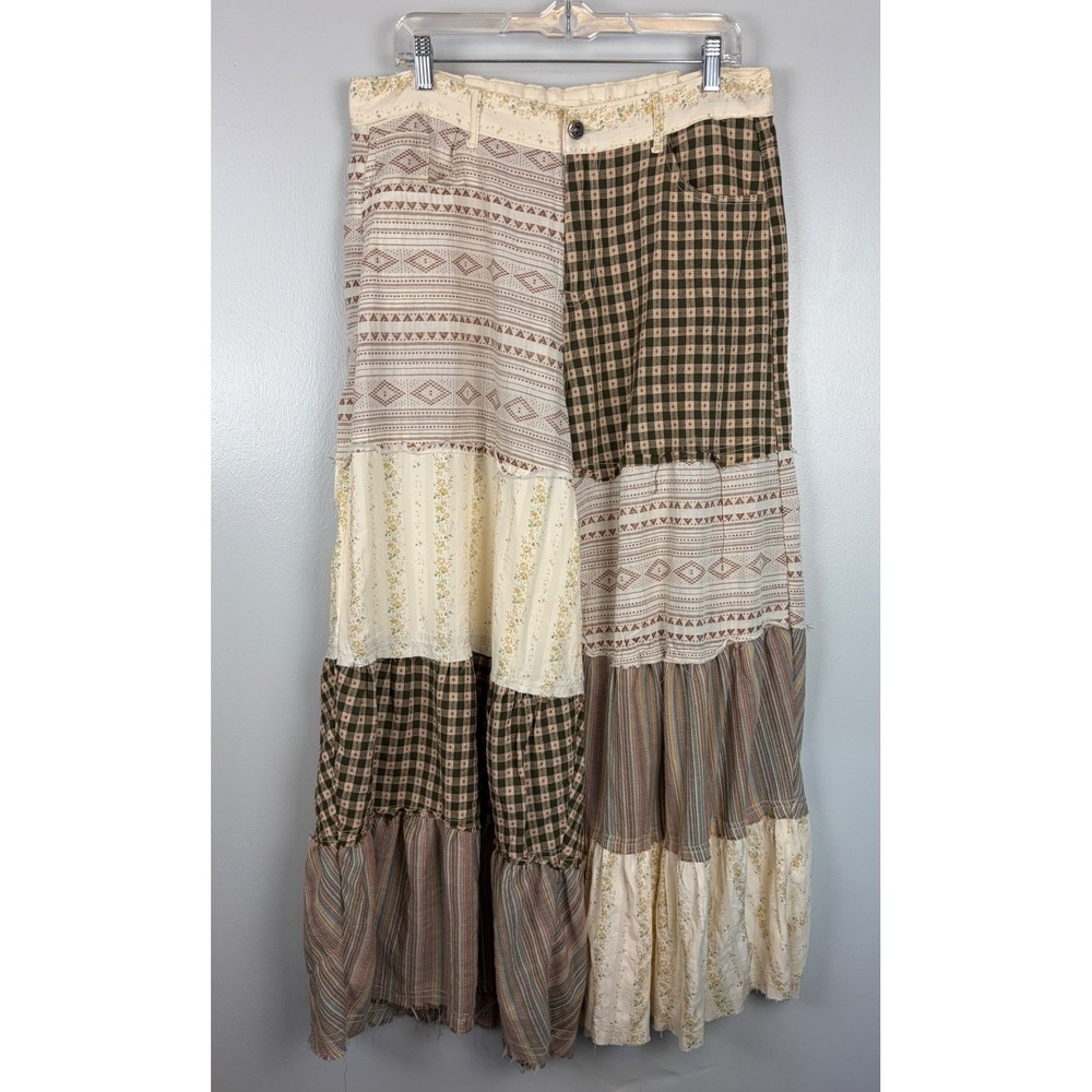 POL Panel Patchwork Wide Leg Pants Medium Tan Plaid Boho Floral - Picture 2 of 6